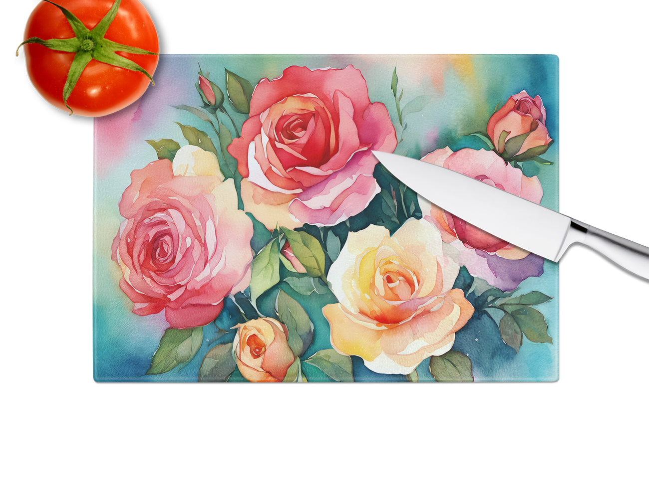 Oklahoma Roses in Watercolor Glass Cutting Board