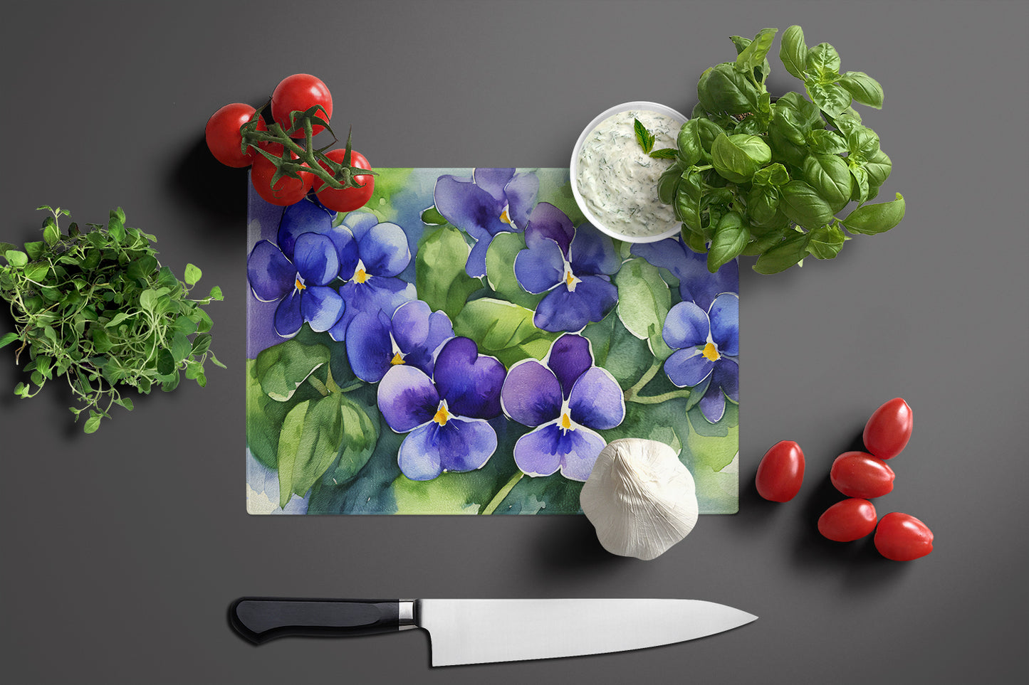 Rhode Island Violets in Watercolor Glass Cutting Board