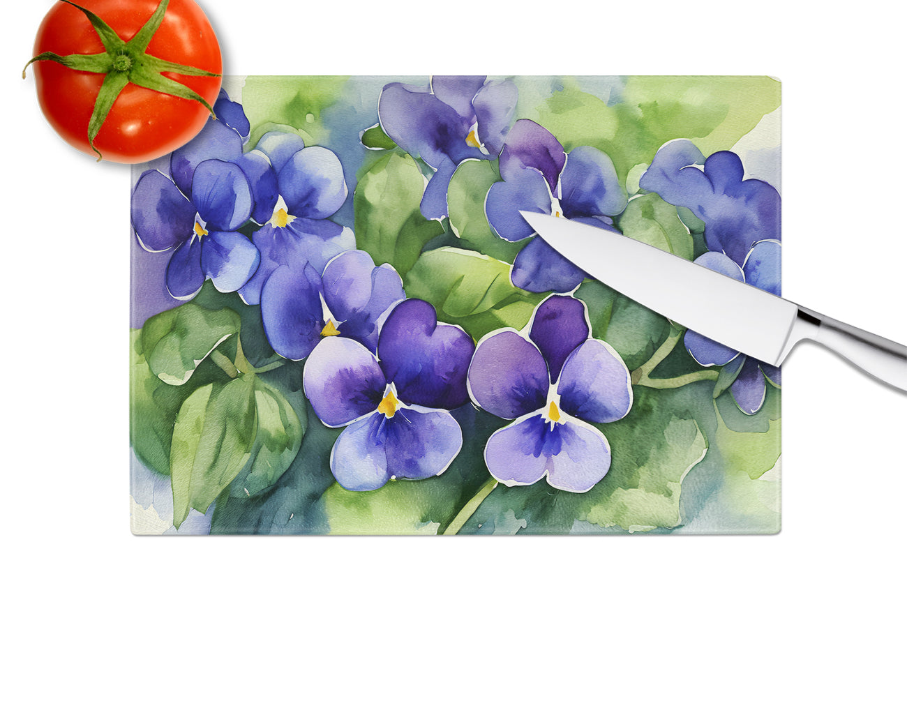 Rhode Island Violets in Watercolor Glass Cutting Board