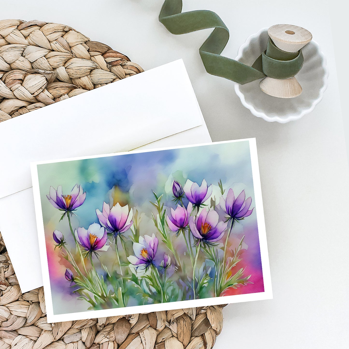 South Dakota Pasque Flowers in Watercolor Greeting Cards Pack of 8