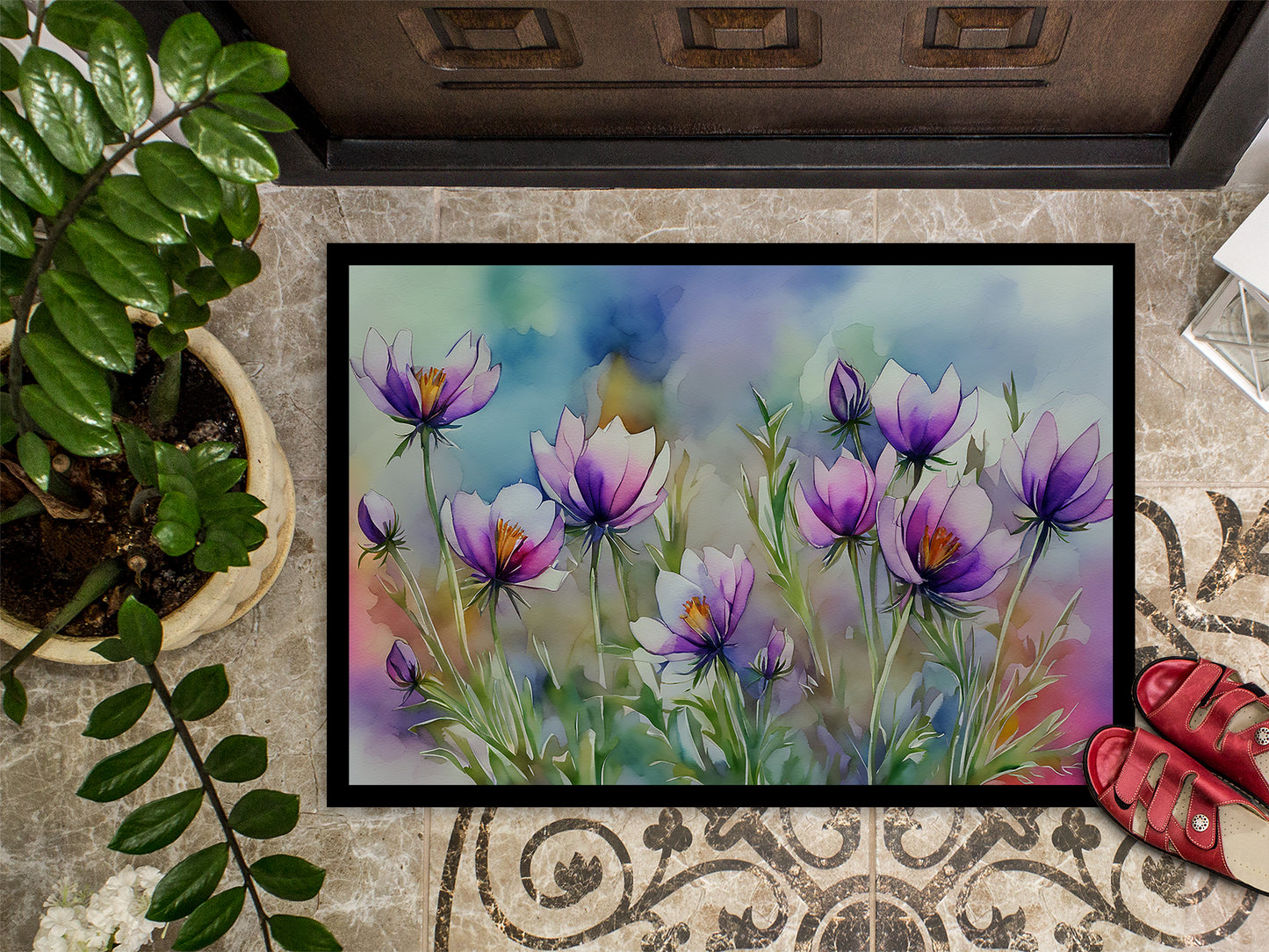 South Dakota Pasque Flowers in Watercolor Doormat