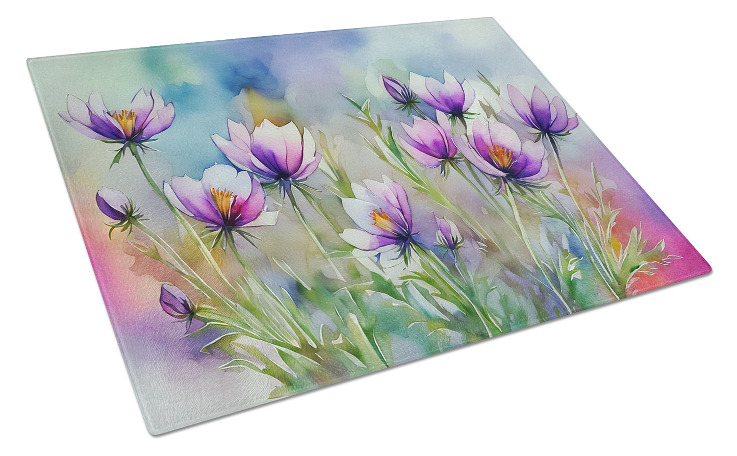 Buy this South Dakota Pasque Flowers in Watercolor Glass Cutting Board