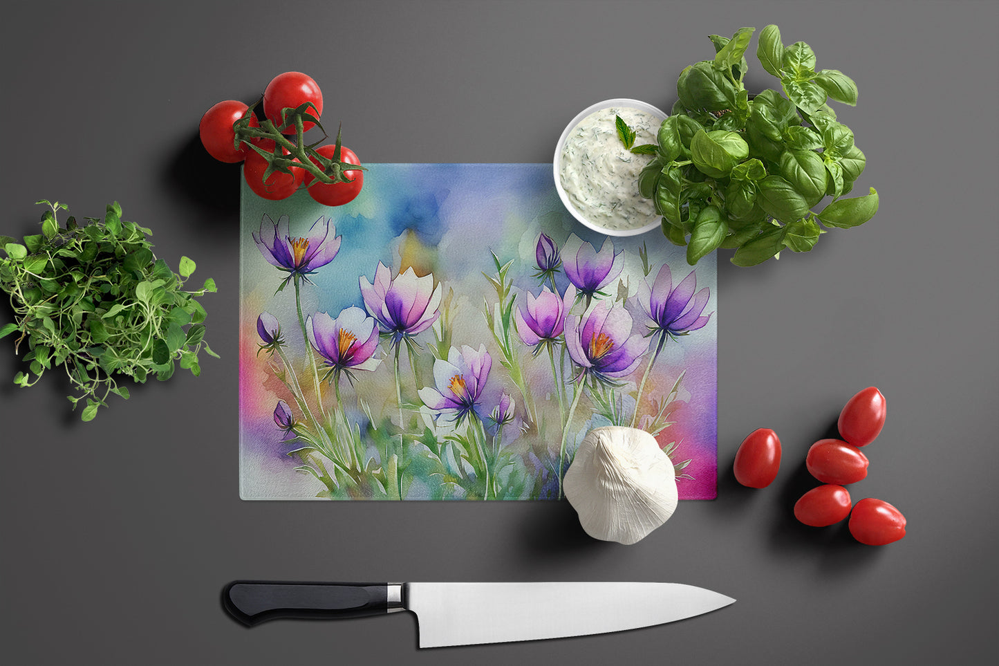 South Dakota Pasque Flowers in Watercolor Glass Cutting Board