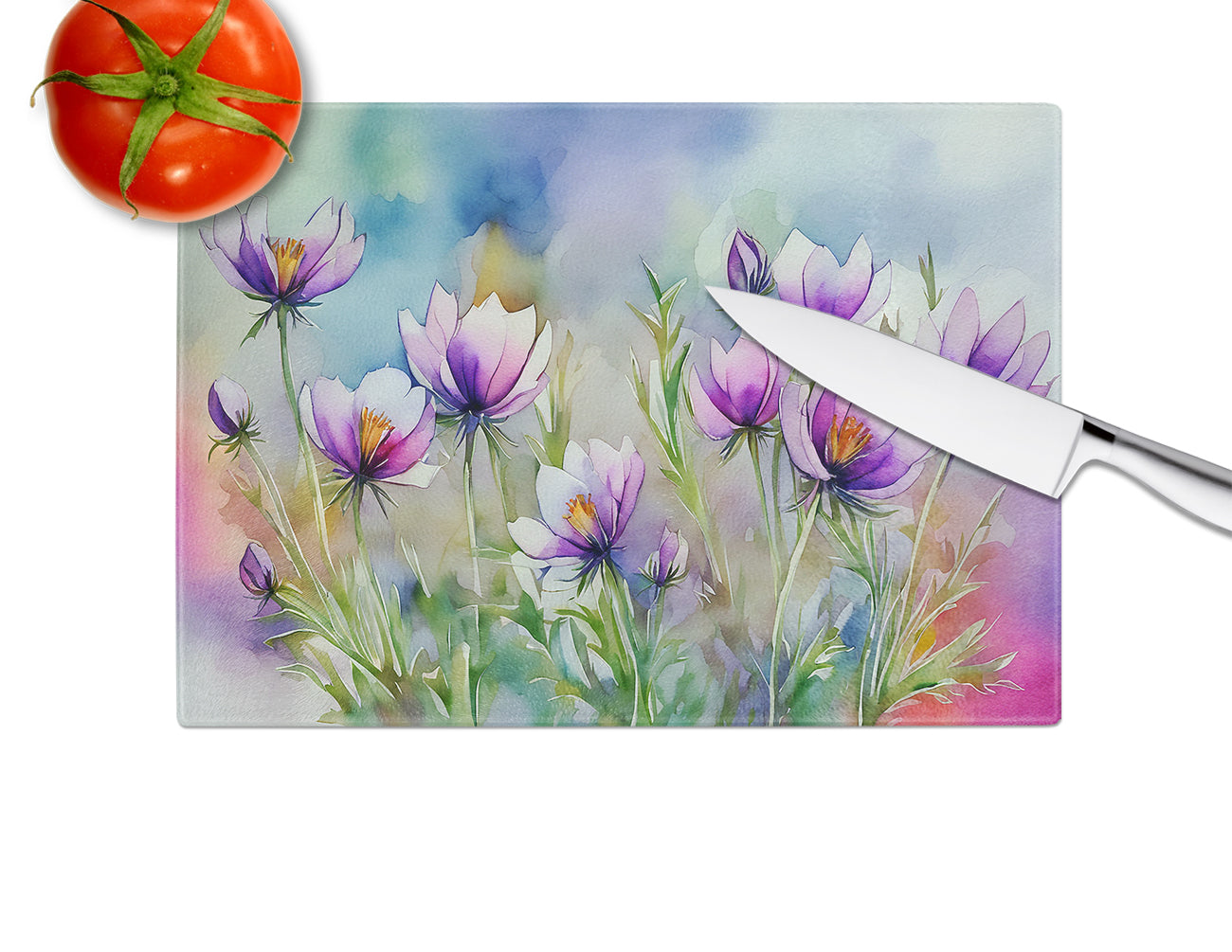 South Dakota Pasque Flowers in Watercolor Glass Cutting Board