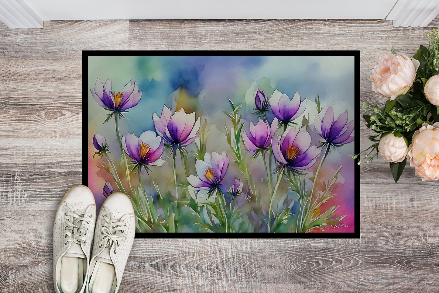 South Dakota Pasque Flowers in Watercolor Doormat