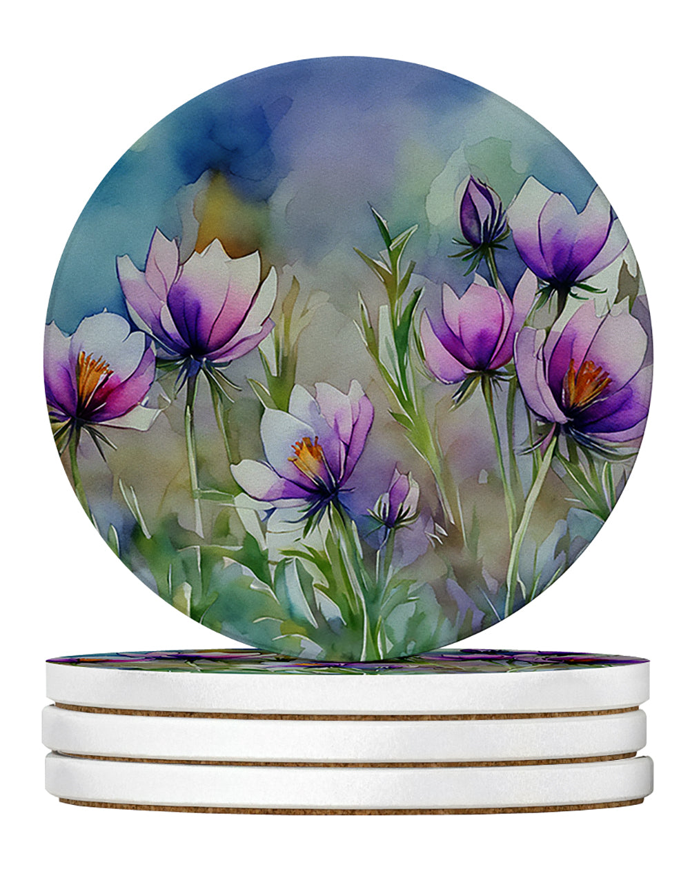 Buy this South Dakota Pasque Flowers in Watercolor Large Sandstone Coasters Pack of 4