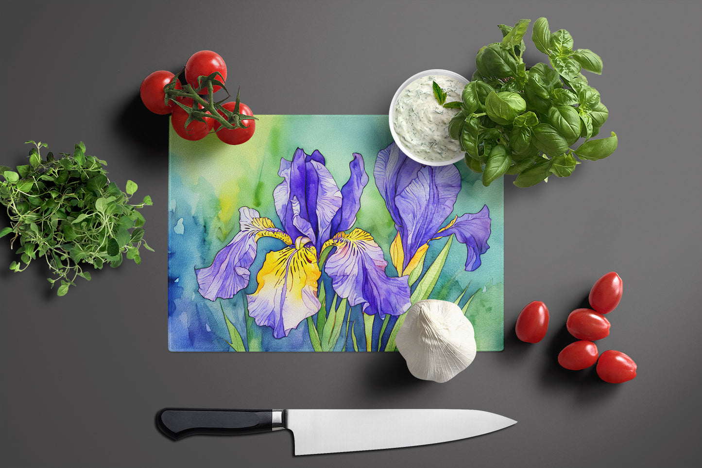 Tennessee Iris in Watercolor Glass Cutting Board