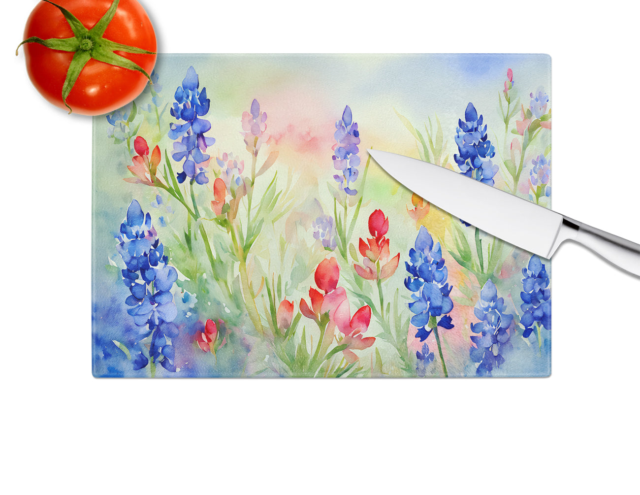 Texas Bluebonnets in Watercolor Glass Cutting Board