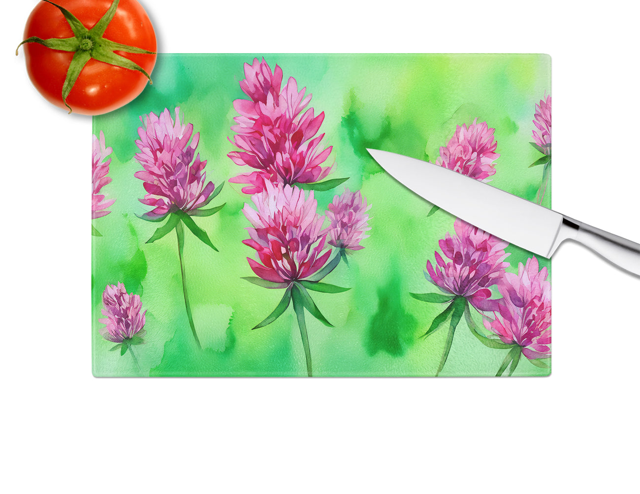 Vermont Red Clover in Watercolor Glass Cutting Board