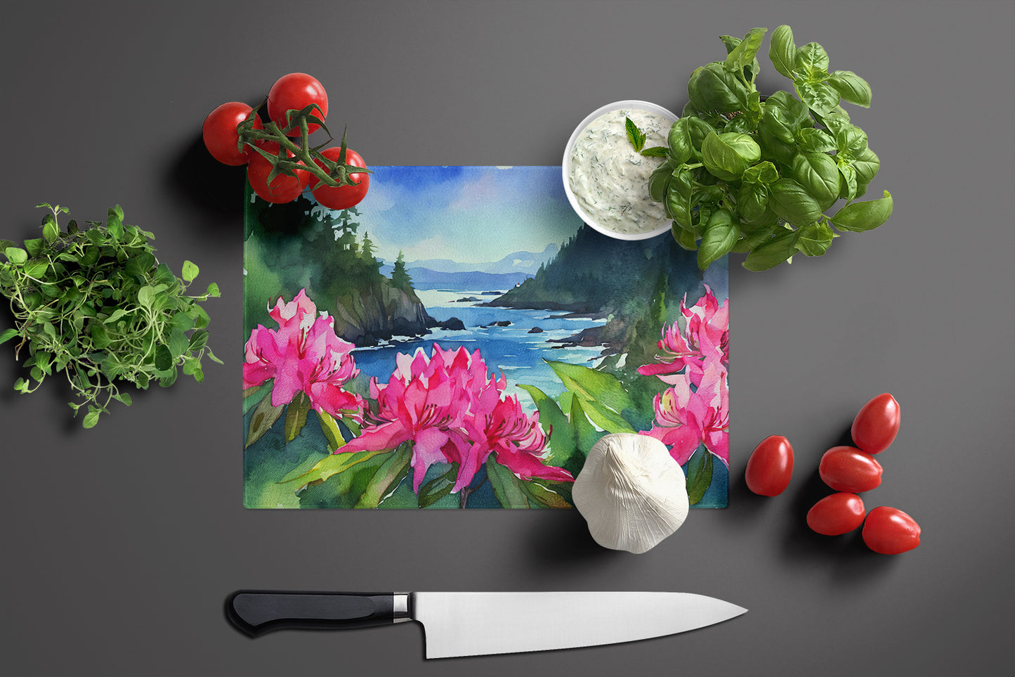 Washington Coast Rhododendrons in Watercolor Glass Cutting Board