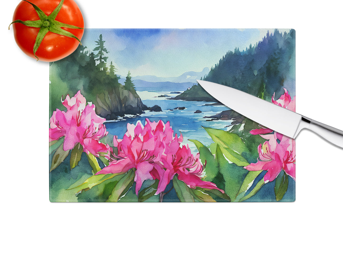 Washington Coast Rhododendrons in Watercolor Glass Cutting Board