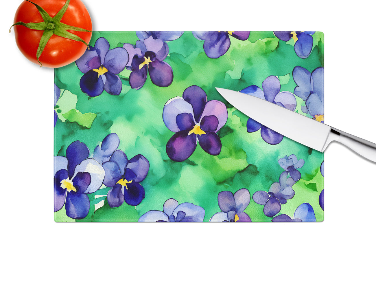 Wisconsin Wood Violets in Watercolor Glass Cutting Board