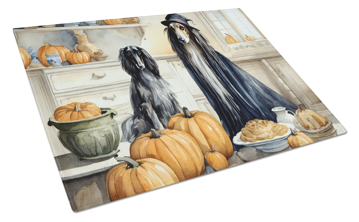 Buy this Afghan Hound Fall Kitchen Pumpkins Glass Cutting Board