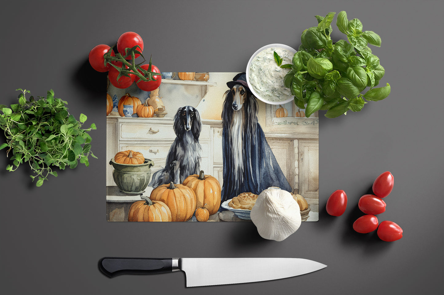 Afghan Hound Fall Kitchen Pumpkins Glass Cutting Board