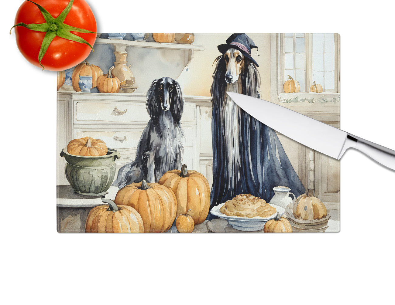 Afghan Hound Fall Kitchen Pumpkins Glass Cutting Board