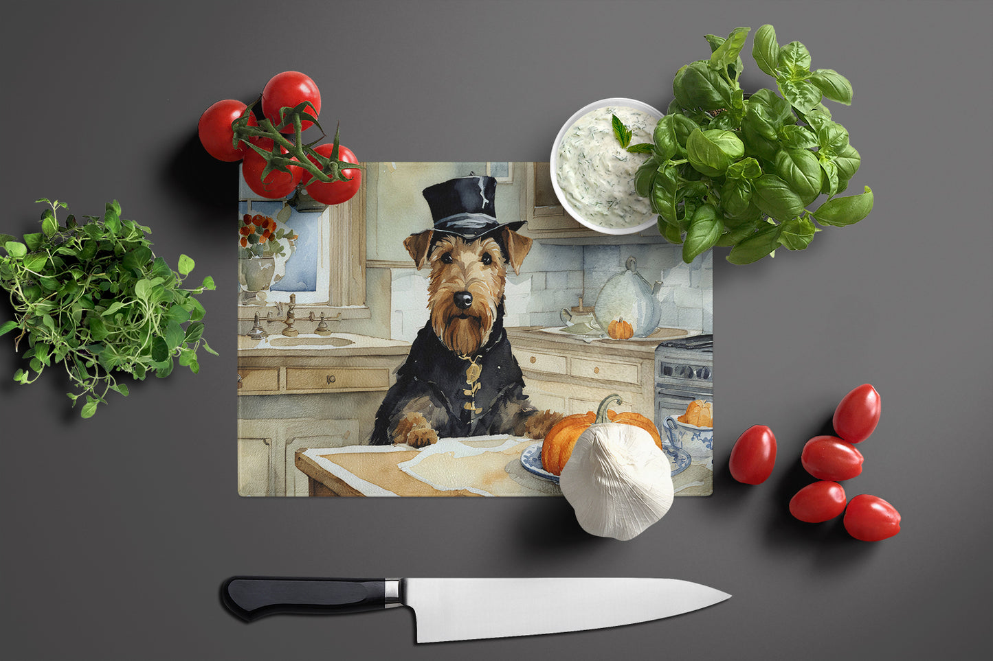 Airedale Terrier Fall Kitchen Pumpkins Glass Cutting Board