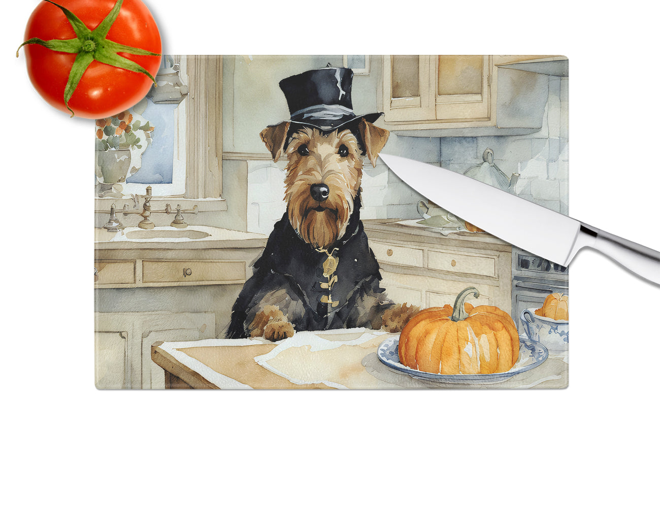 Airedale Terrier Fall Kitchen Pumpkins Glass Cutting Board