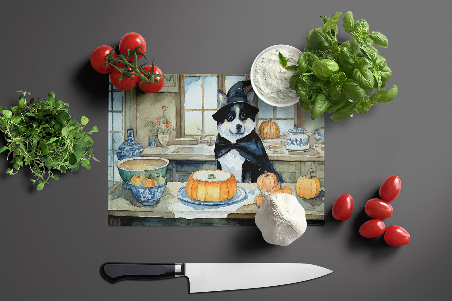 Akita Fall Kitchen Pumpkins Glass Cutting Board