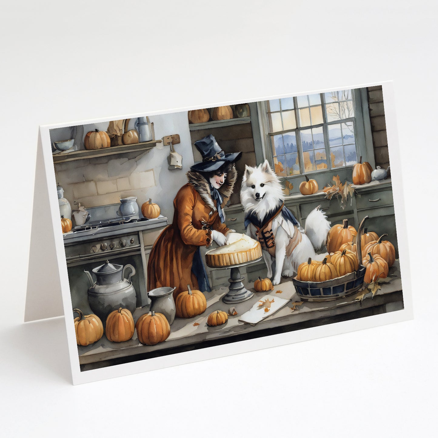 Buy this American Eskimo Fall Kitchen Pumpkins Greeting Cards Pack of 8