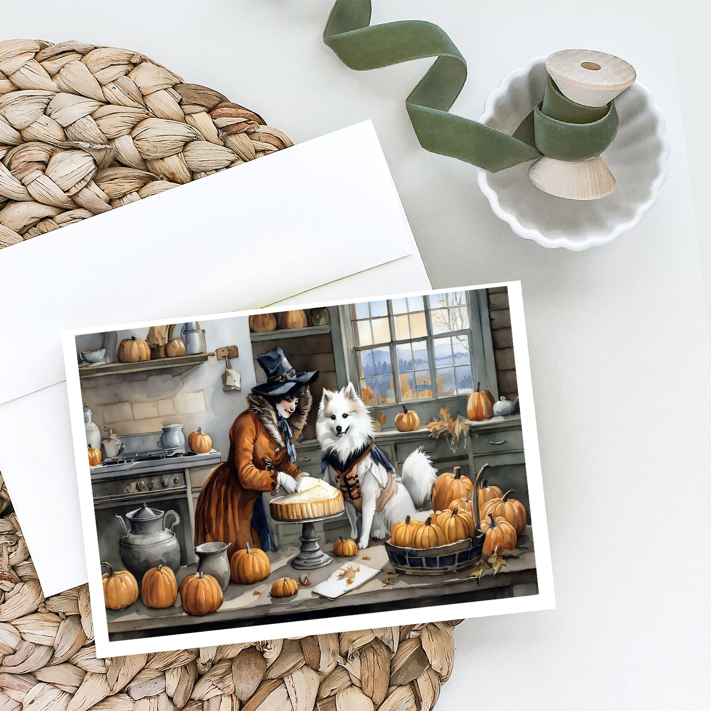 American Eskimo Fall Kitchen Pumpkins Greeting Cards Pack of 8