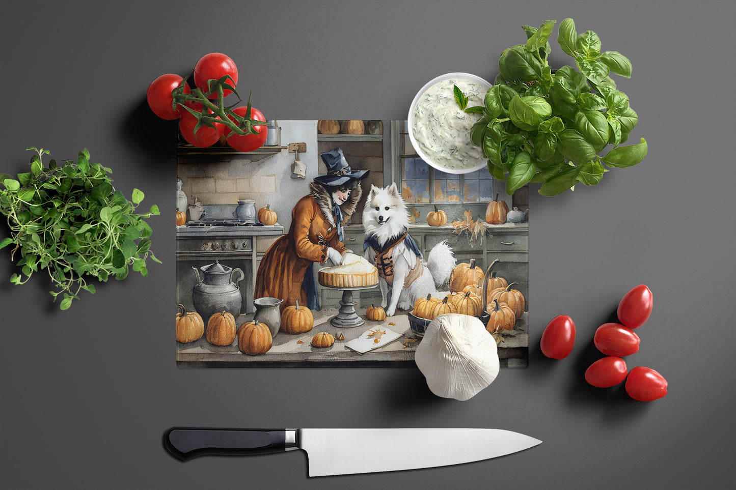 American Eskimo Fall Kitchen Pumpkins Glass Cutting Board