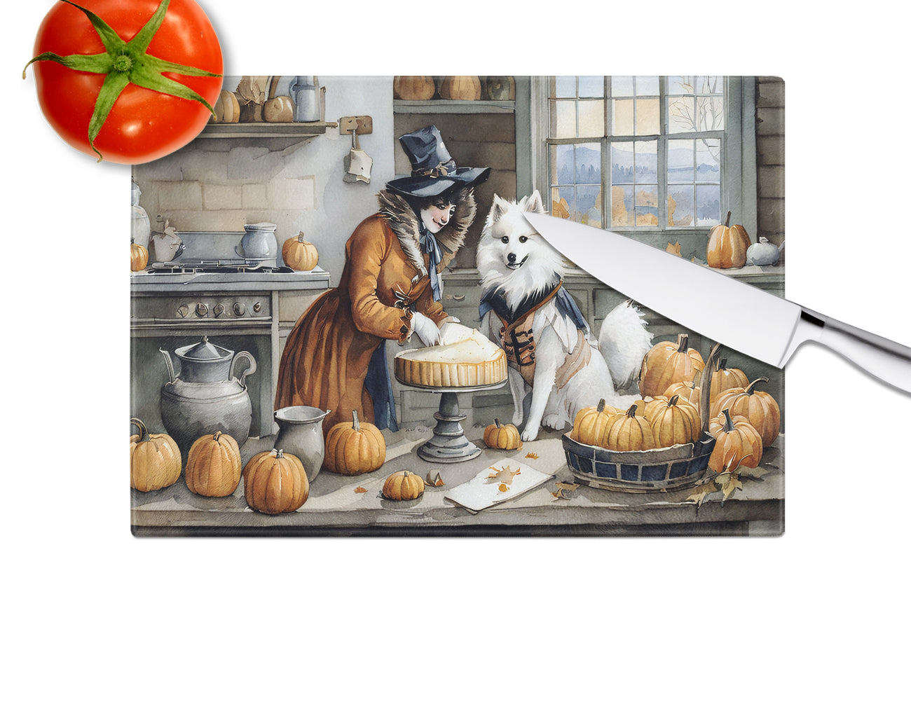 American Eskimo Fall Kitchen Pumpkins Glass Cutting Board