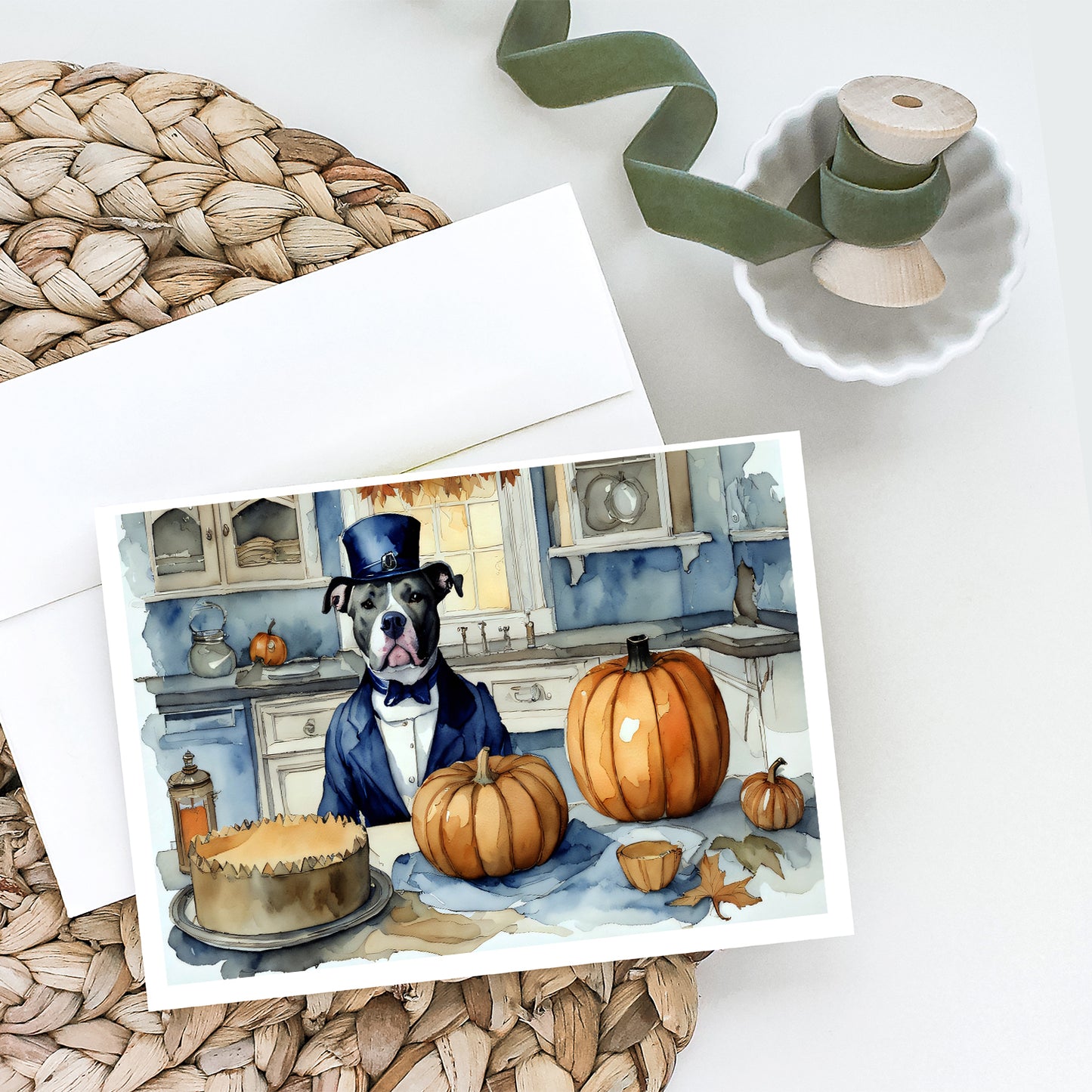 Pit Bull Terrier Fall Kitchen Pumpkins Greeting Cards Pack of 8