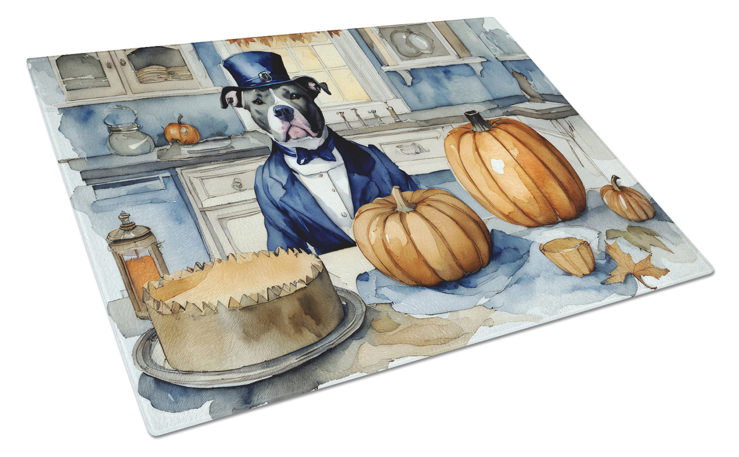 Buy this Pit Bull Terrier Fall Kitchen Pumpkins Glass Cutting Board