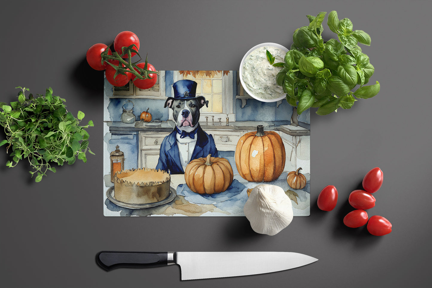 Pit Bull Terrier Fall Kitchen Pumpkins Glass Cutting Board