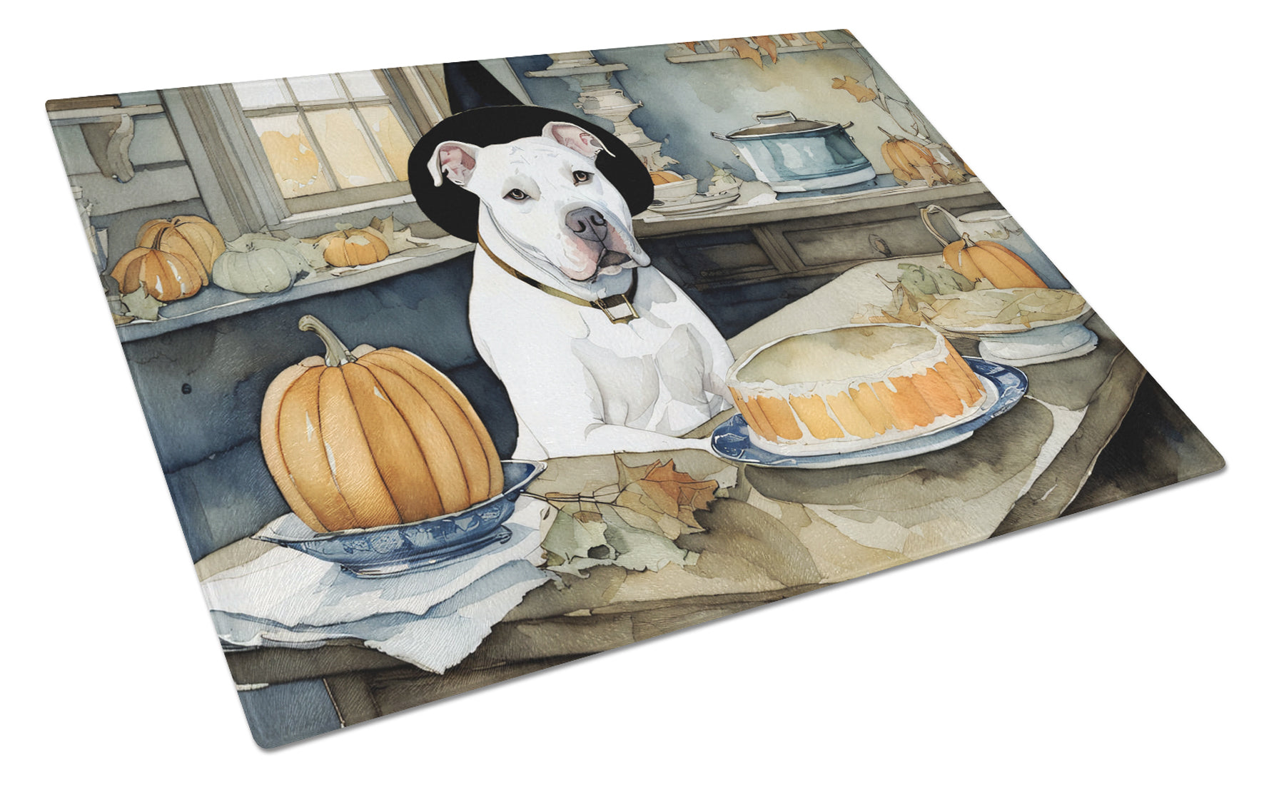 Buy this Pit Bull Terrier Fall Kitchen Pumpkins Glass Cutting Board