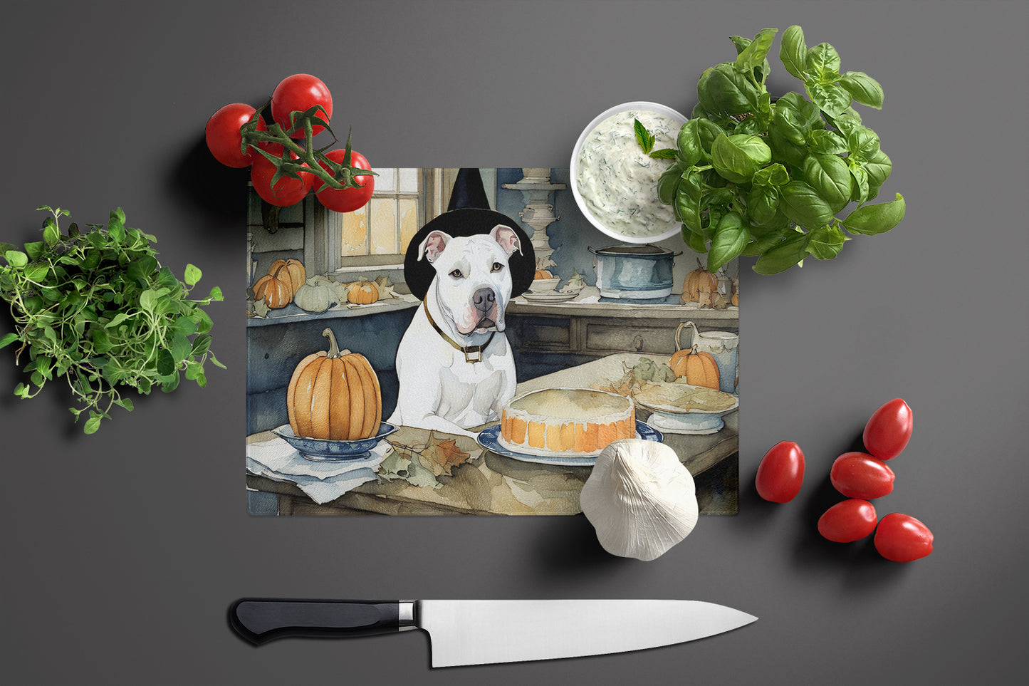 Pit Bull Terrier Fall Kitchen Pumpkins Glass Cutting Board