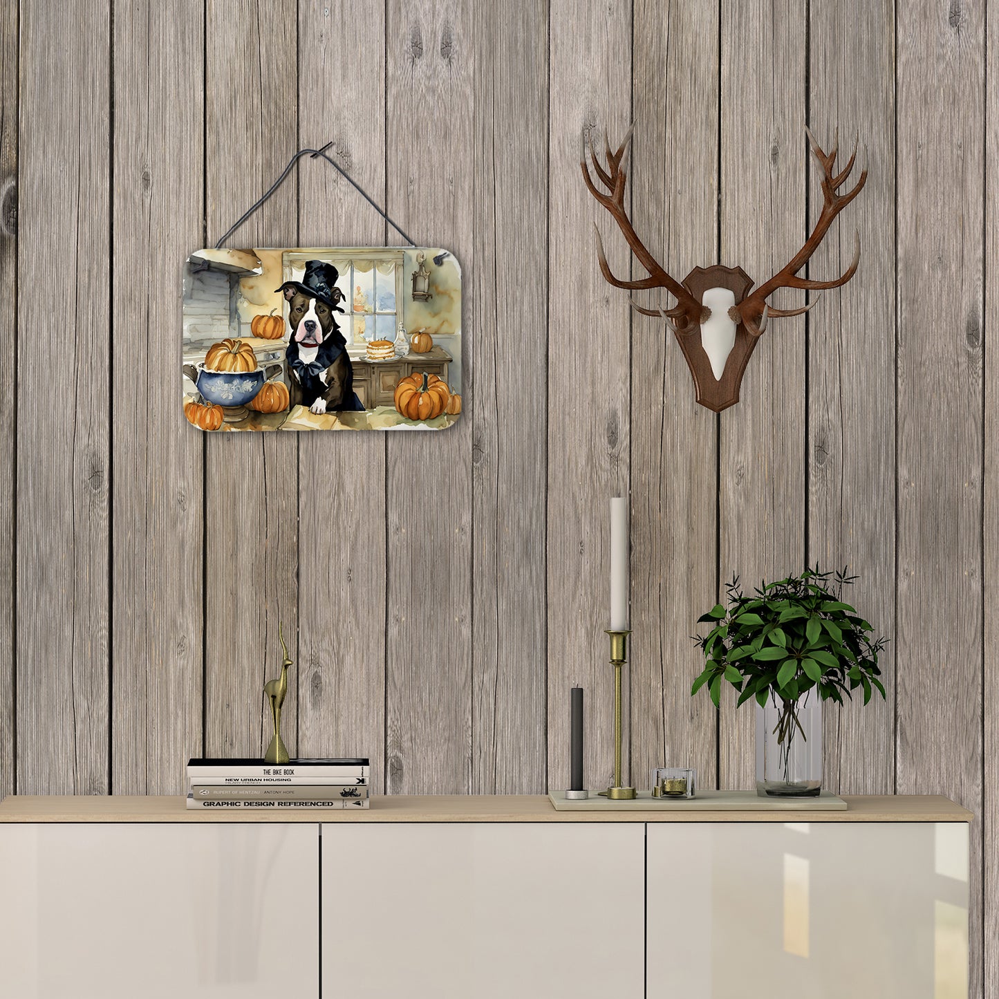 Pit Bull Terrier Fall Kitchen Pumpkins Wall or Door Hanging Prints