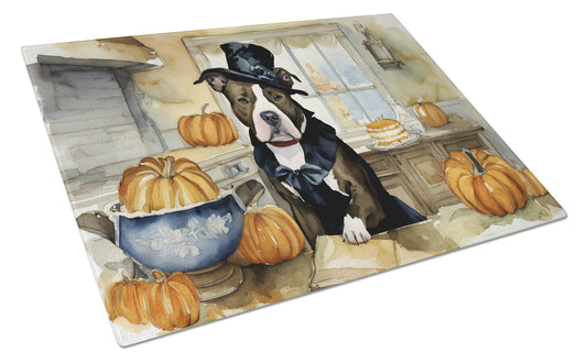 Buy this Pit Bull Terrier Fall Kitchen Pumpkins Glass Cutting Board