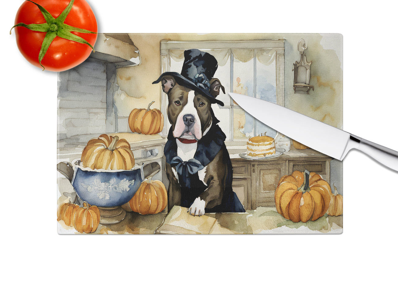 Pit Bull Terrier Fall Kitchen Pumpkins Glass Cutting Board