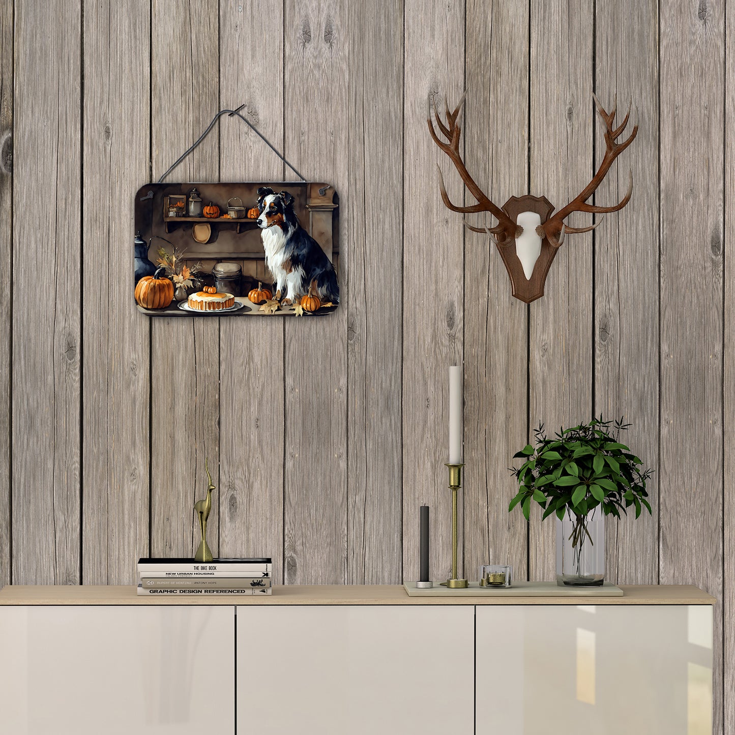 Australian Shepherd Fall Kitchen Pumpkins Wall or Door Hanging Prints