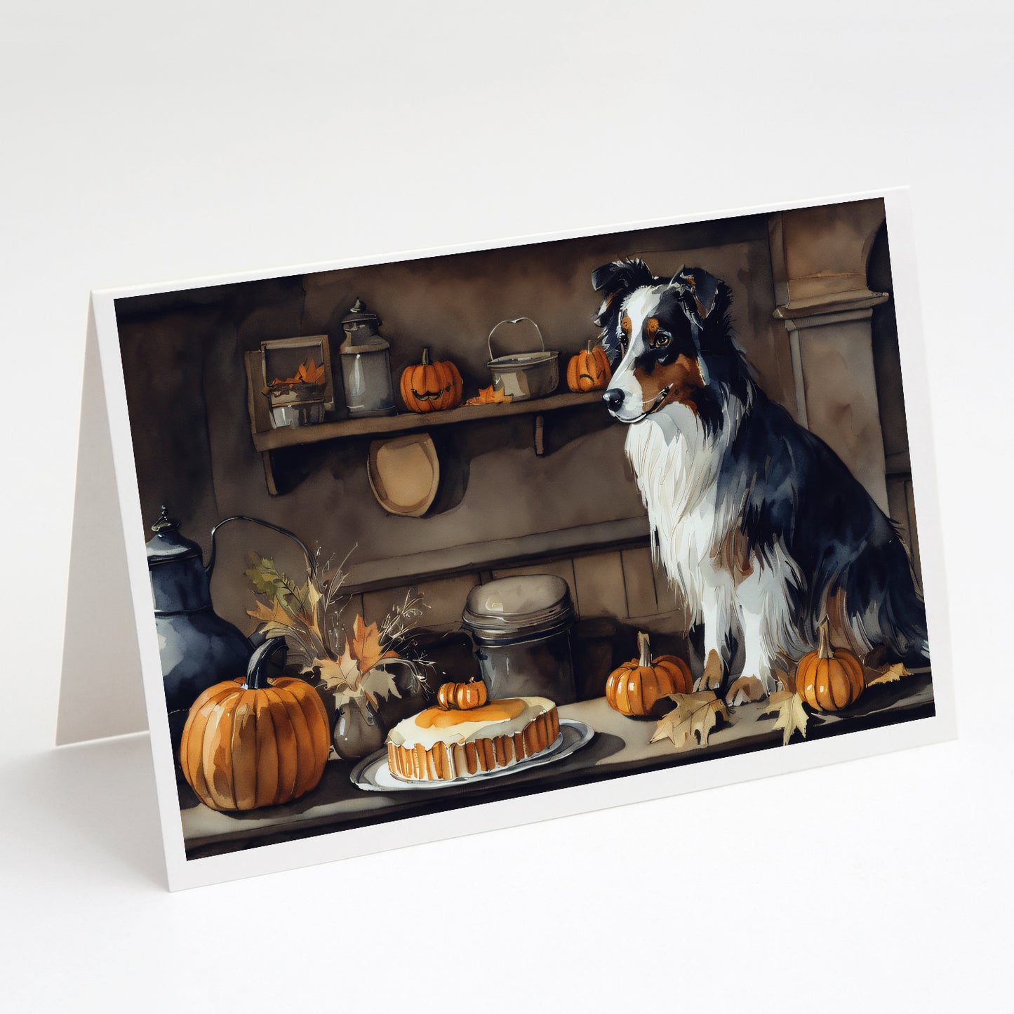 Buy this Australian Shepherd Fall Kitchen Pumpkins Greeting Cards Pack of 8