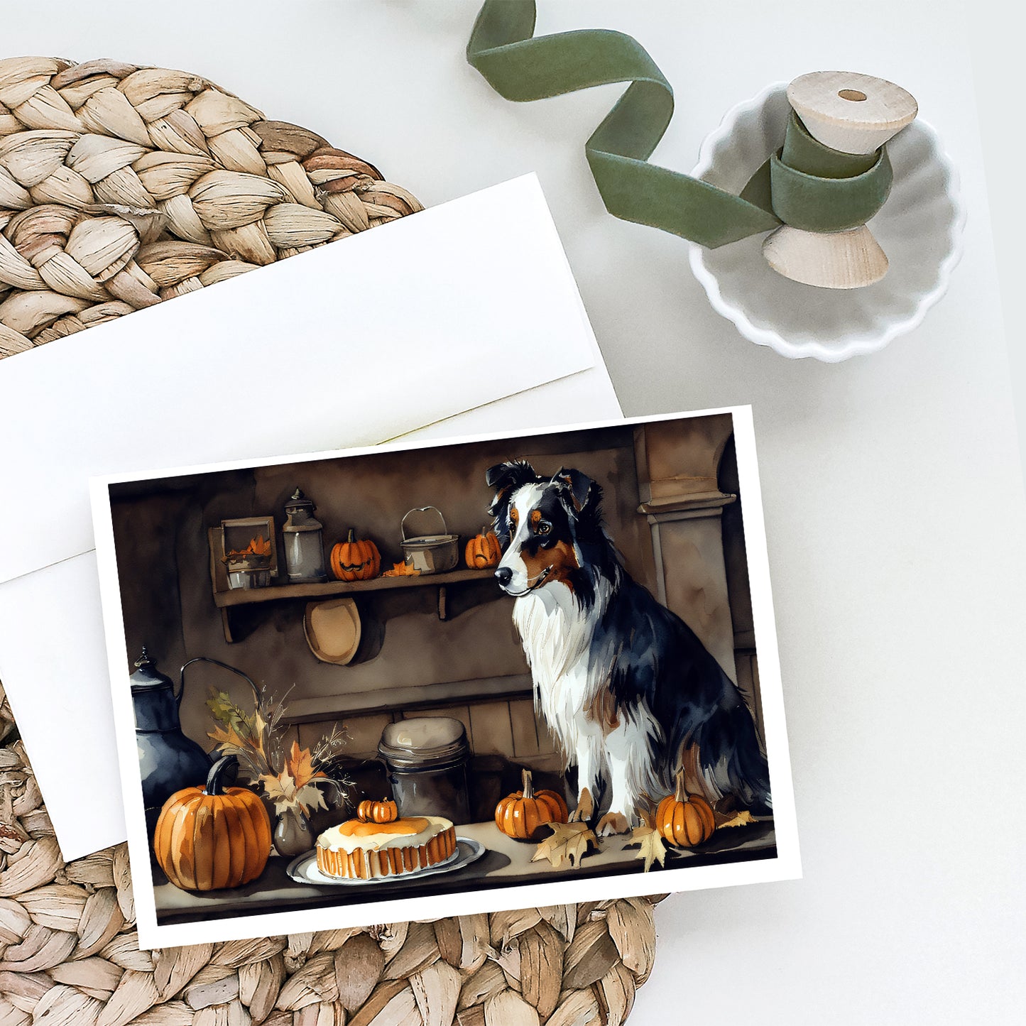 Australian Shepherd Fall Kitchen Pumpkins Greeting Cards Pack of 8