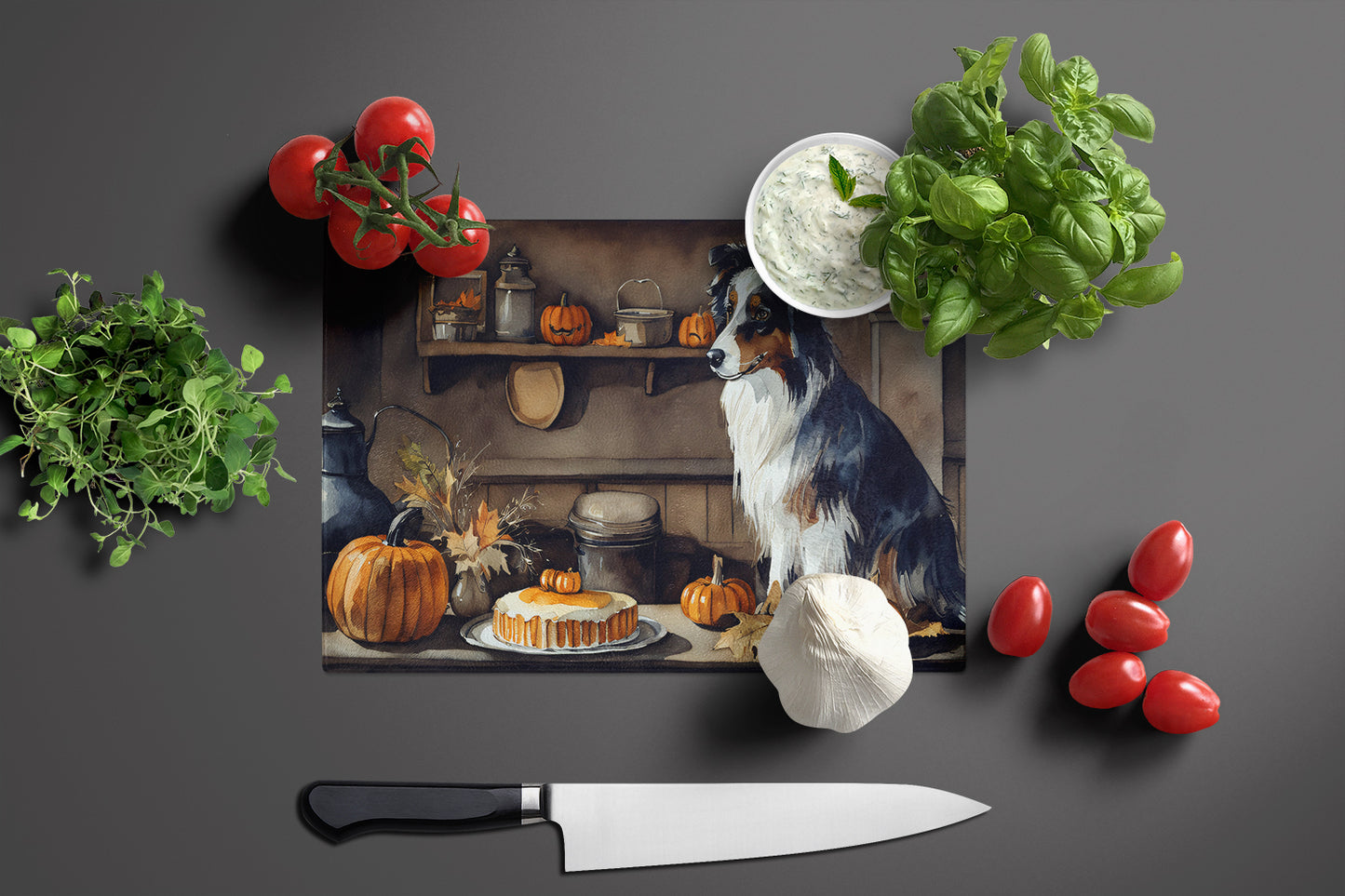 Australian Shepherd Fall Kitchen Pumpkins Glass Cutting Board