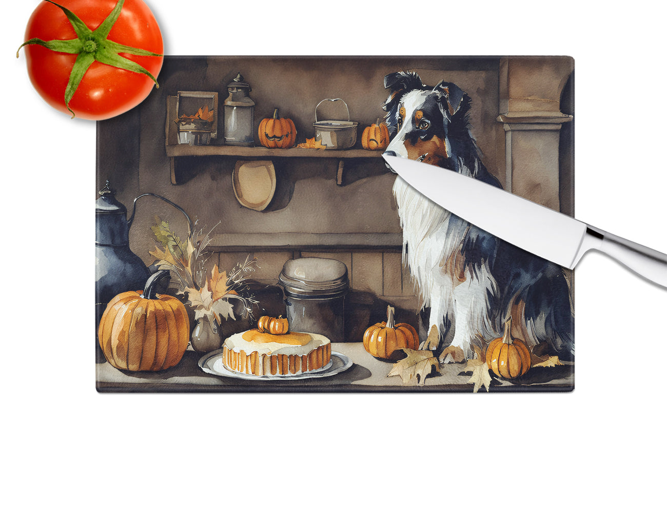 Australian Shepherd Fall Kitchen Pumpkins Glass Cutting Board