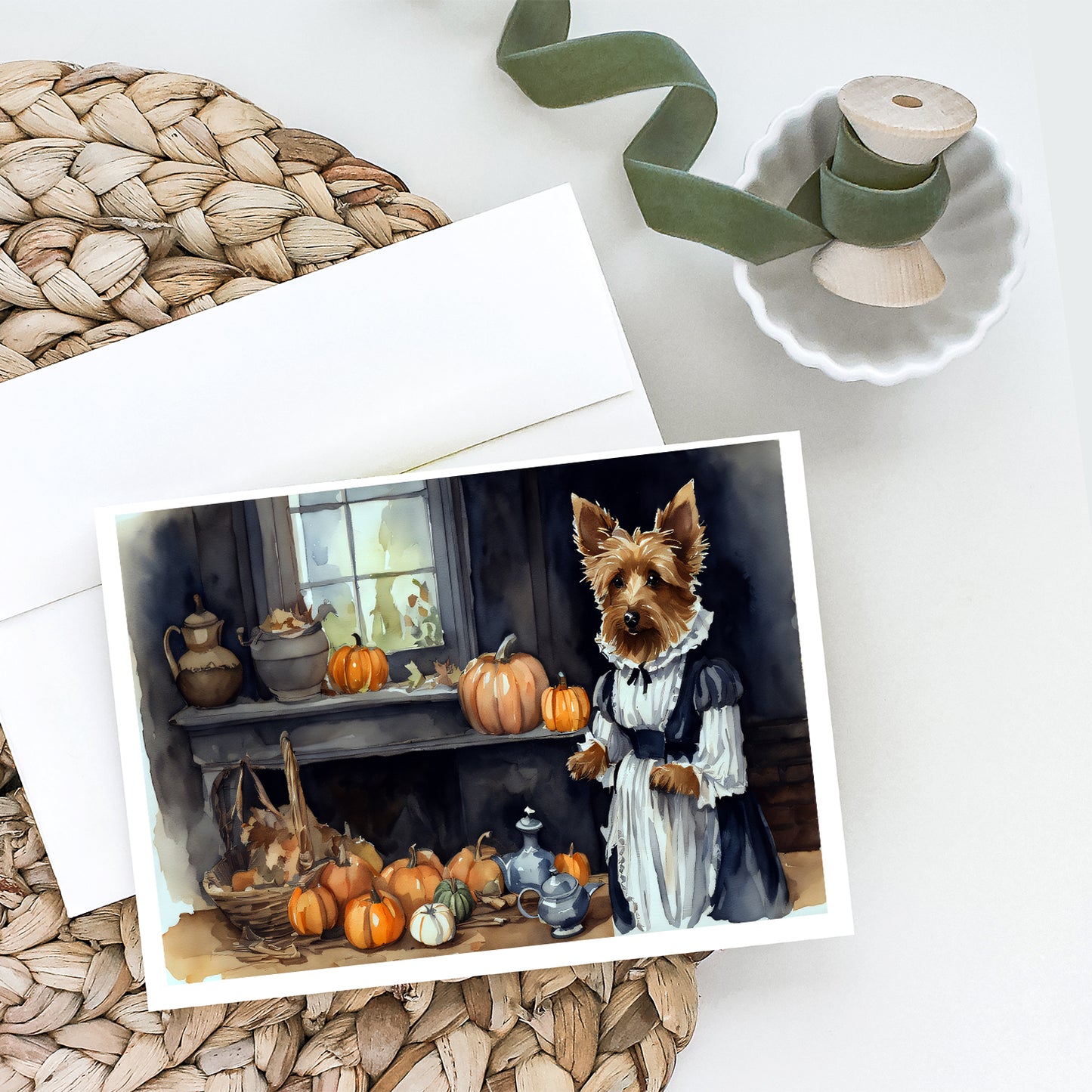 Australian Terrier Fall Kitchen Pumpkins Greeting Cards Pack of 8