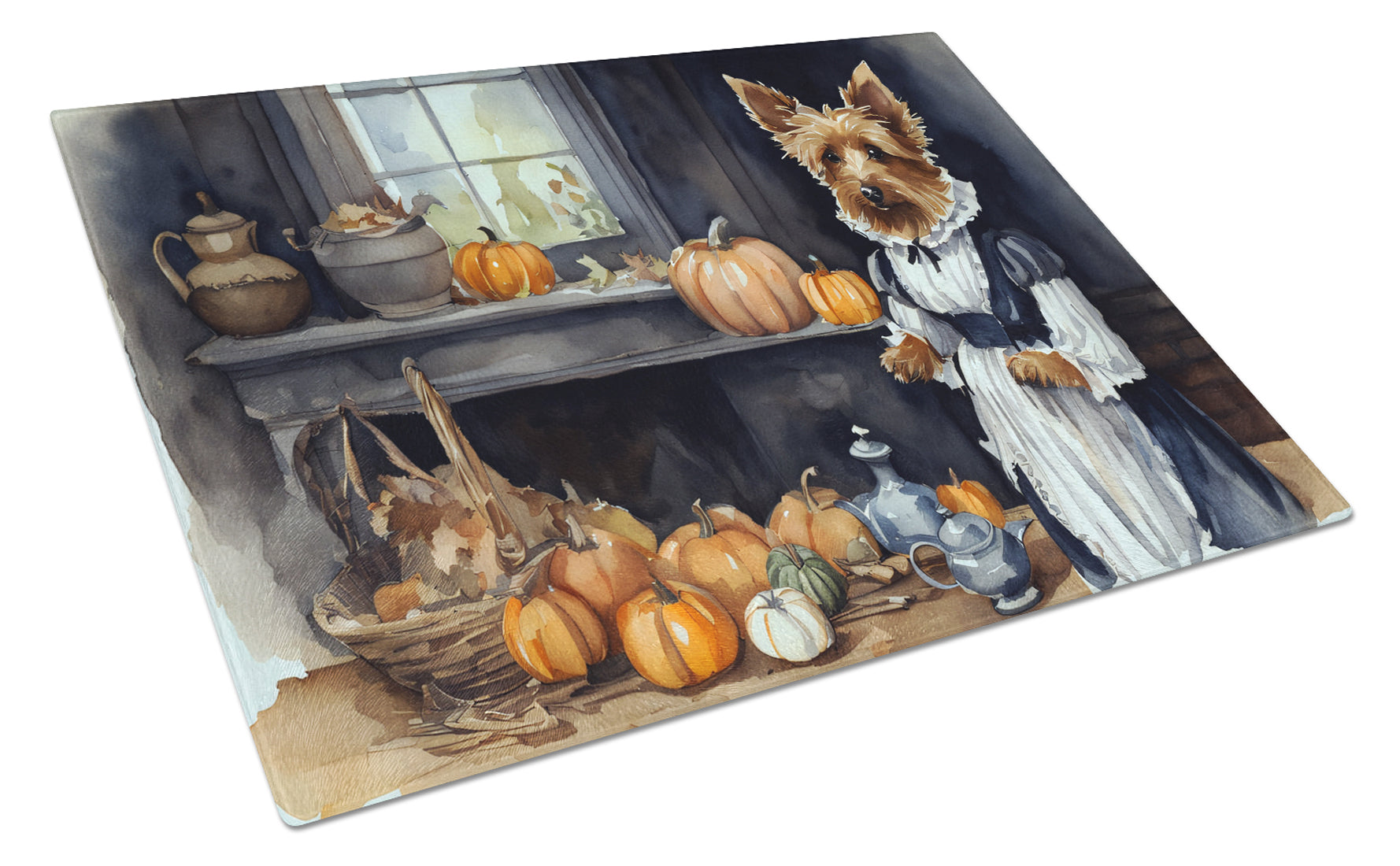 Buy this Australian Terrier Fall Kitchen Pumpkins Glass Cutting Board