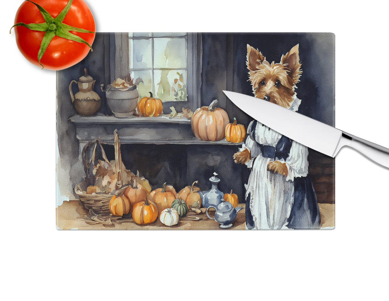 Australian Terrier Fall Kitchen Pumpkins Glass Cutting Board