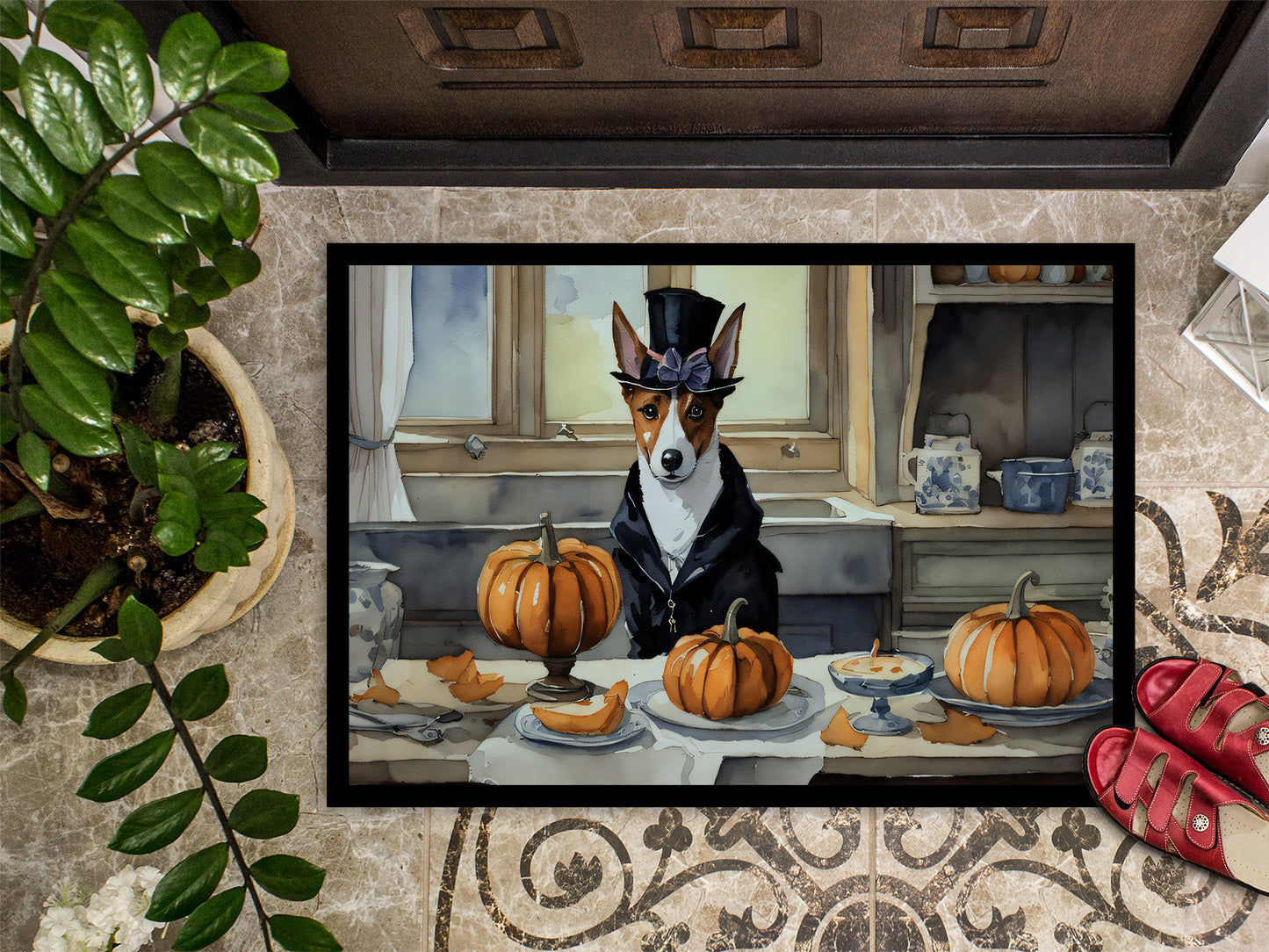 Basenji Fall Kitchen Pumpkins Doormat