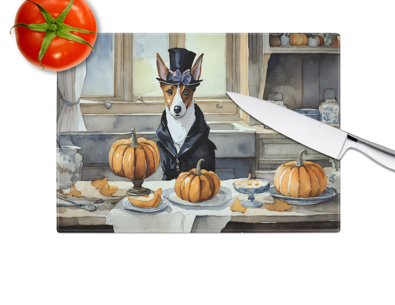 Basenji Fall Kitchen Pumpkins Glass Cutting Board