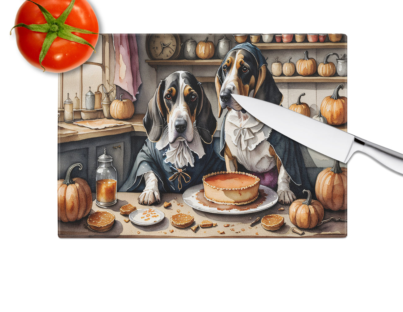 Basset Hound Fall Kitchen Pumpkins Glass Cutting Board