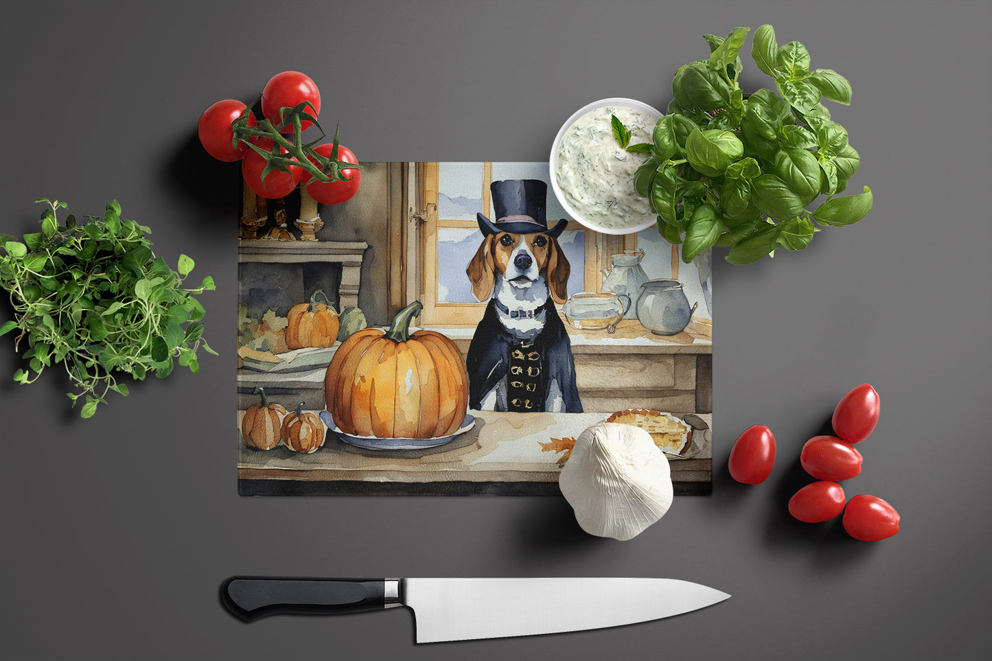 Beagle Fall Kitchen Pumpkins Glass Cutting Board