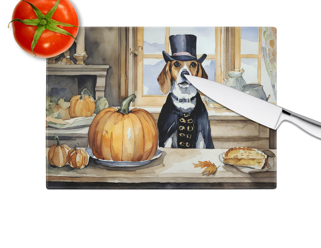 Beagle Fall Kitchen Pumpkins Glass Cutting Board