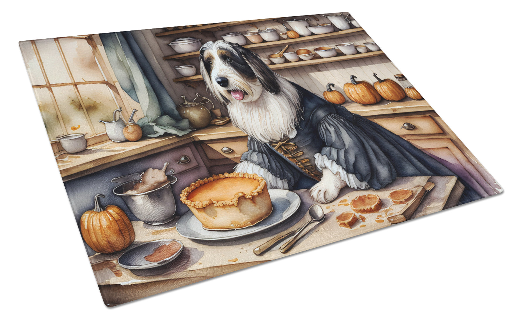 Buy this Bearded Collie Fall Kitchen Pumpkins Glass Cutting Board