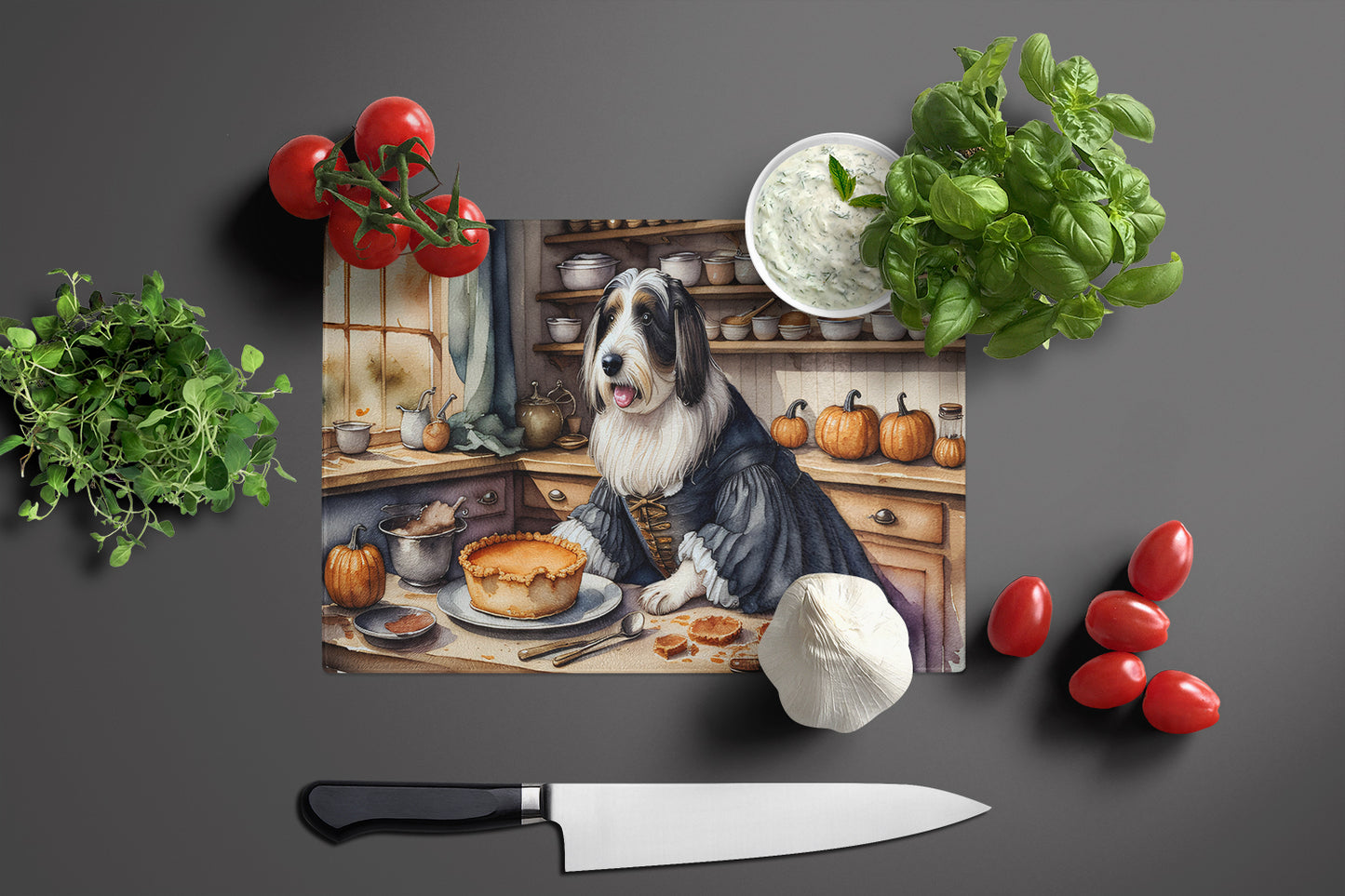 Bearded Collie Fall Kitchen Pumpkins Glass Cutting Board