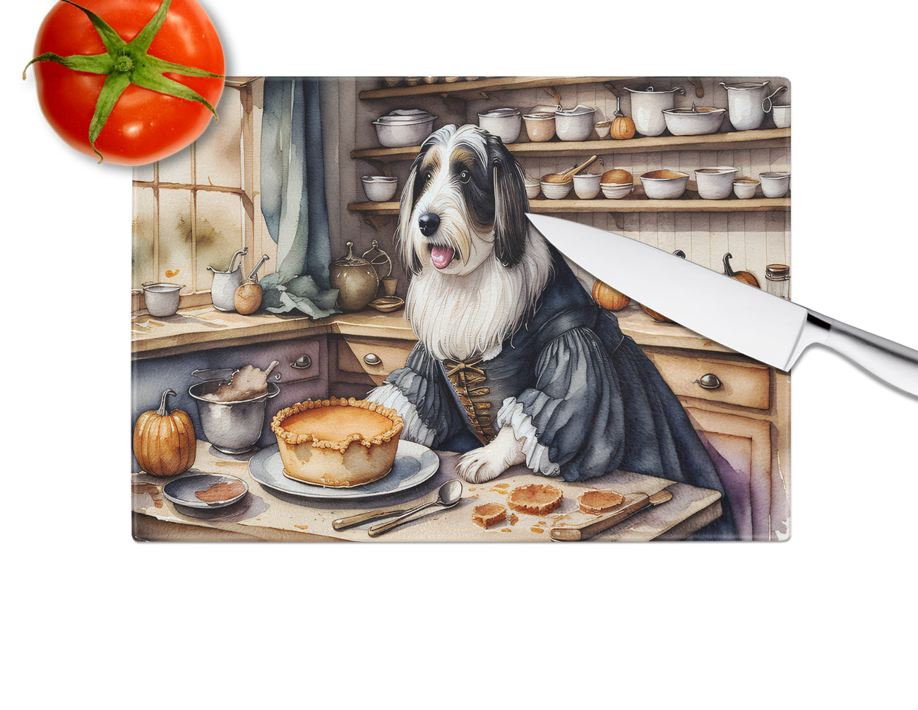 Bearded Collie Fall Kitchen Pumpkins Glass Cutting Board